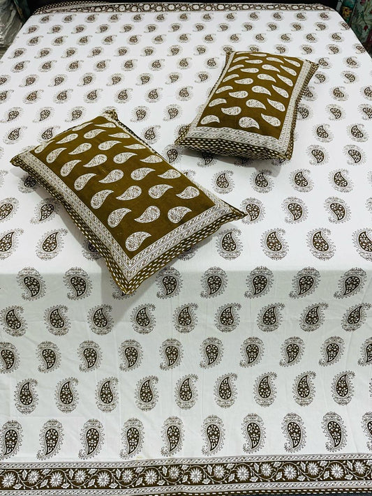 100% Cotton Double Bedsheet with Pillow Covers – Brown Paisley Print, Size 100x108 Inches