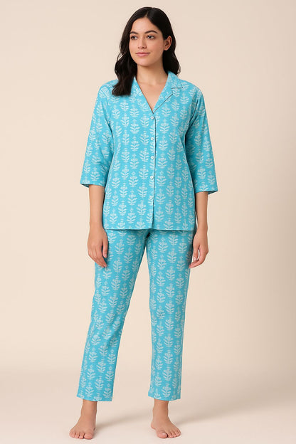 Pure Cotton Printed Women’s Night Suit Set – Sky Blue Comfort Wear