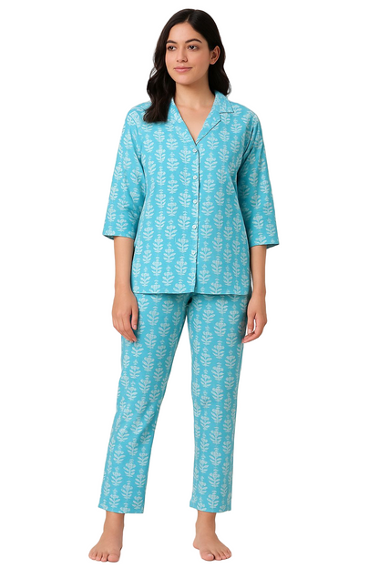 Pure Cotton Printed Women’s Night Suit Set – Sky Blue Comfort Wear