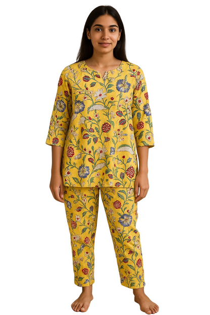 Women’s Cotton Floral Print Night Suit Set – Yellow Loungewear Kurta & Pant
