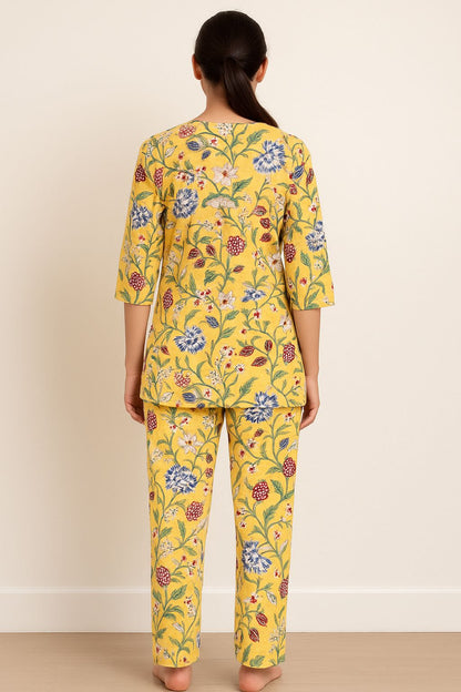 Women’s Cotton Floral Print Night Suit Set – Yellow Loungewear Kurta & Pant