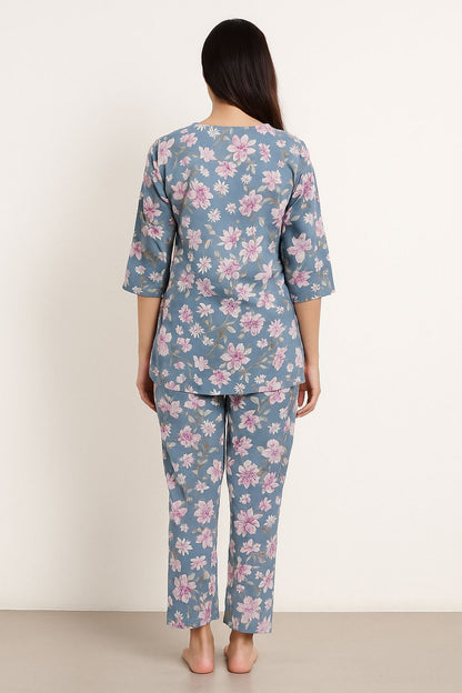 Women’s Cotton Floral Night Suit Set – Blue Lounge Wear Kurta & Pant