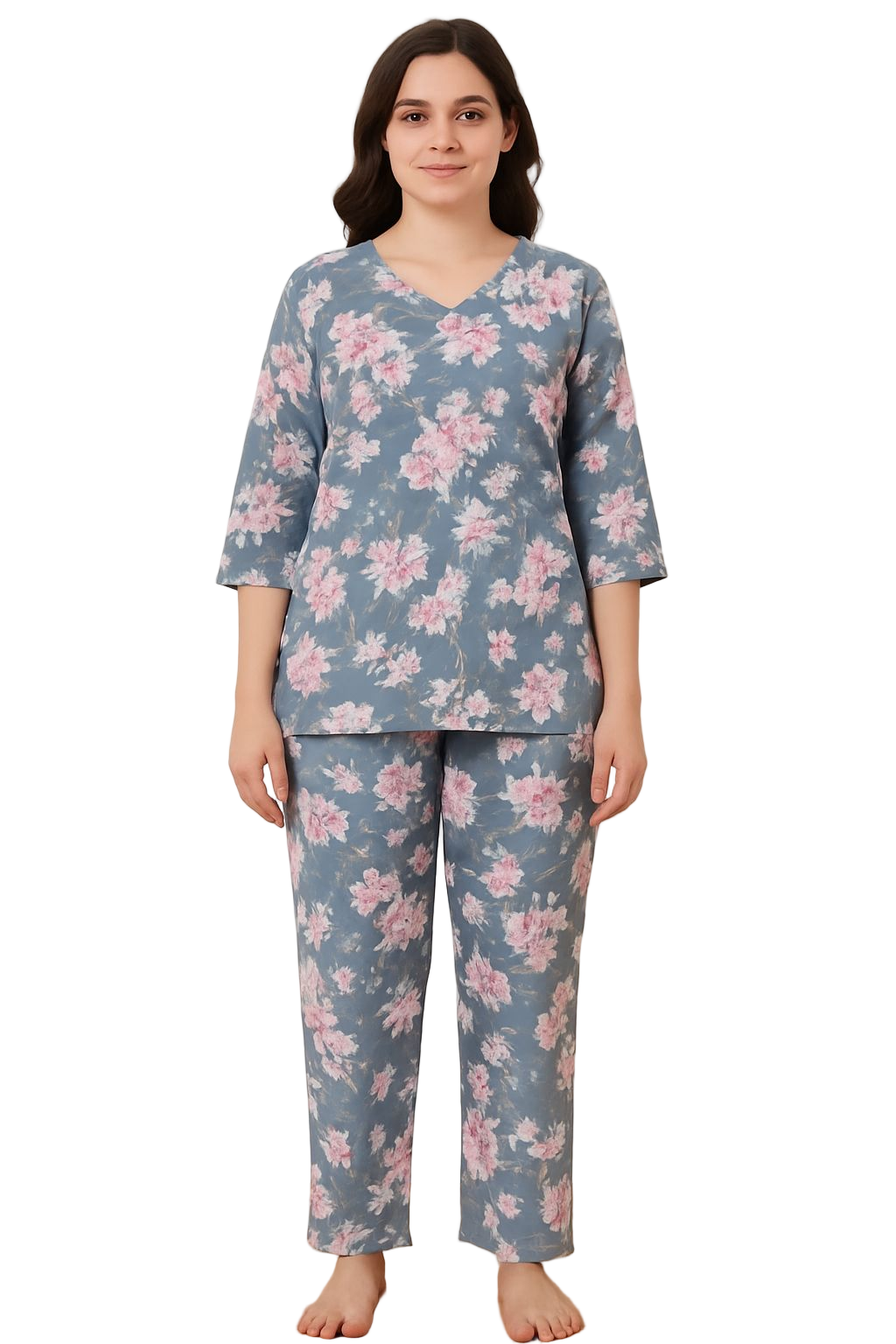 Women’s Cotton Floral Night Suit Set – Blue Lounge Wear Kurta & Pant