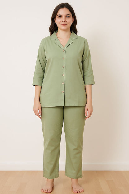 Women’s Mulmul Co-Ord Set – Green Button-Down Shirt & Pant Loungewear