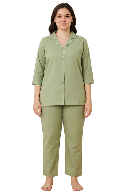 Women’s Mulmul Co-Ord Set – Green Button-Down Shirt & Pant Loungewear