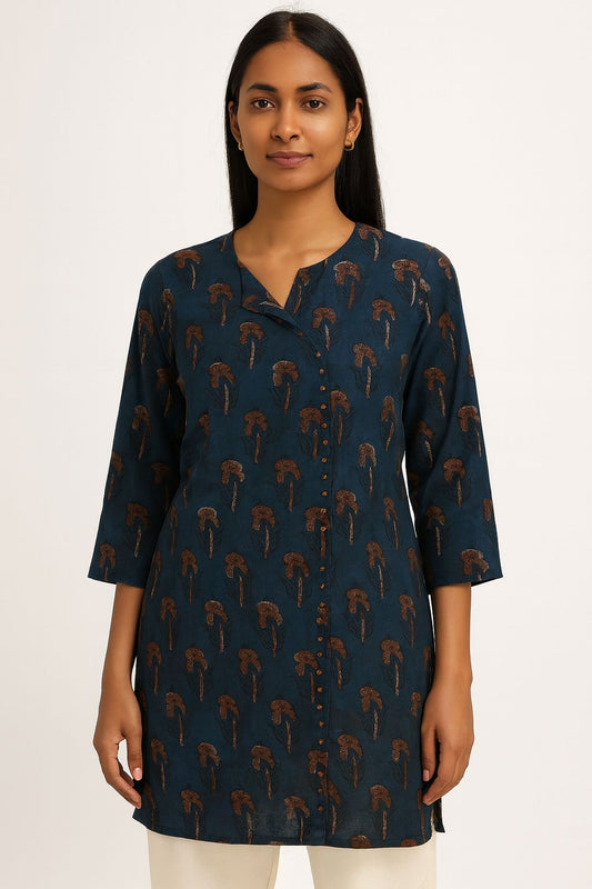 Women’s Cotton Short Kurti – Navy Blue Handblock Print Straight Kurta with 3/4th Sleeves