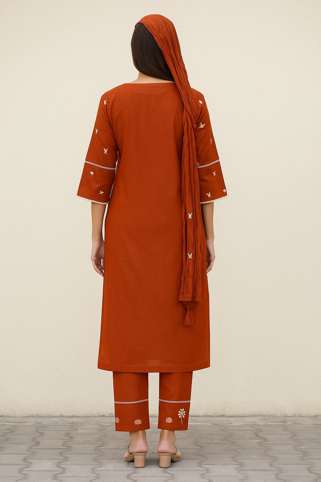 Women’s Rust Cotton Kurti Set with Embroidery – Straight Kurta, Pants & Dupatta