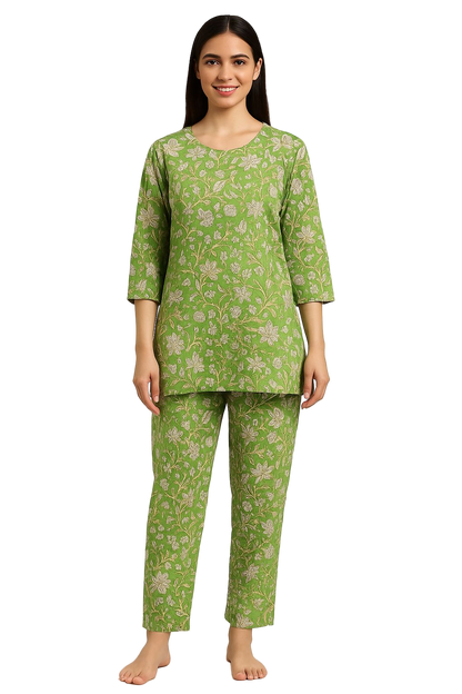 Green Floral Printed Cotton Night Suit Set