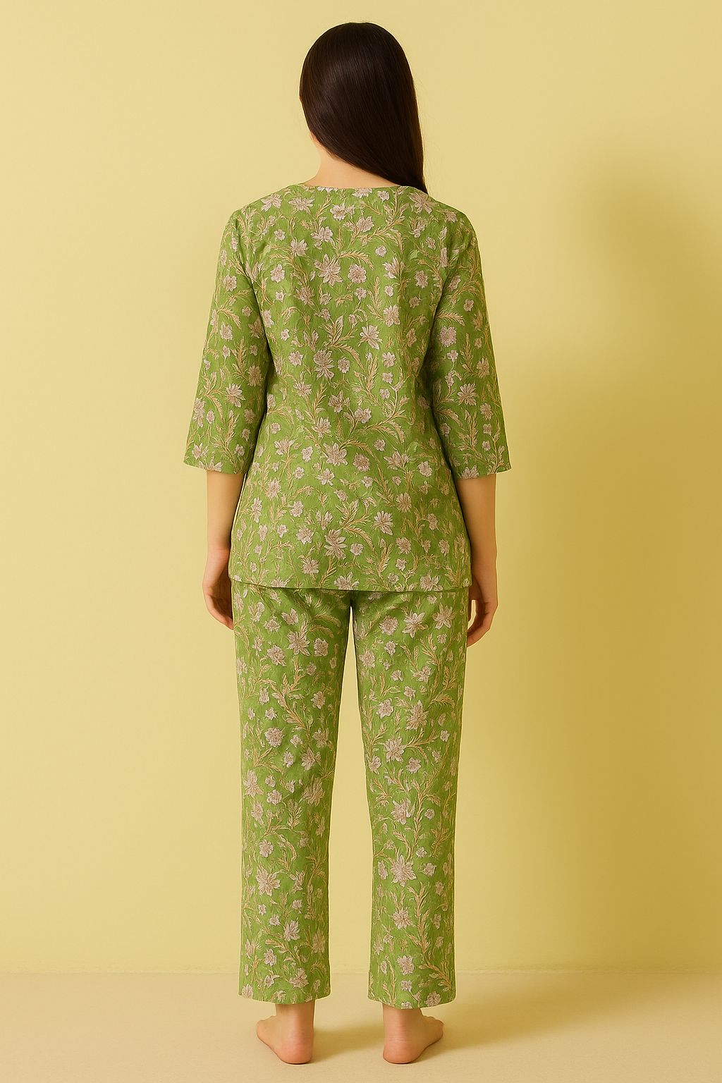 Green Floral Printed Cotton Night Suit Set