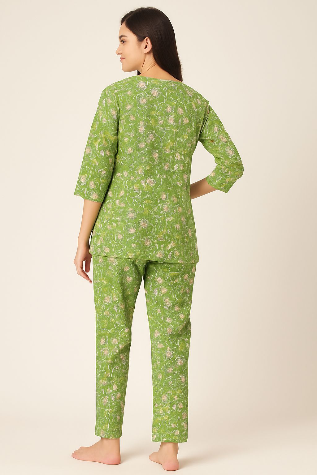 Green Floral Printed Cotton Night Suit Set
