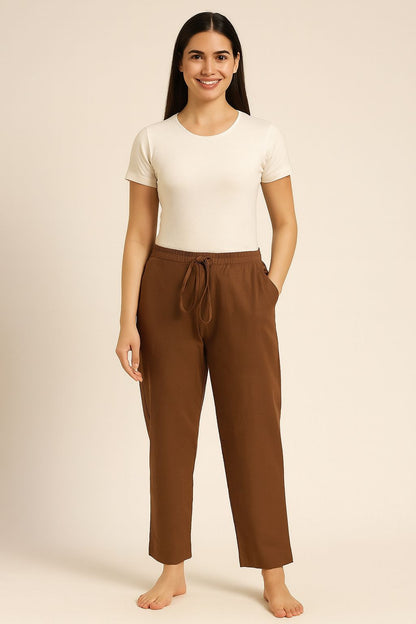 Brown Cotton Relaxed-Fit Drawstring Pants