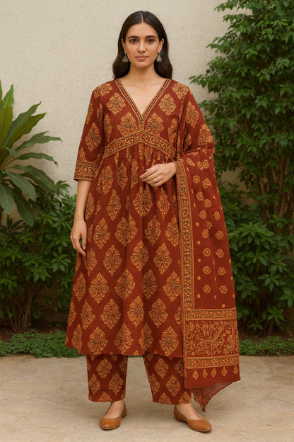 Women’s Cotton Kurti Pant Set with Dupatta – Handblock Print | Ethnic Wear