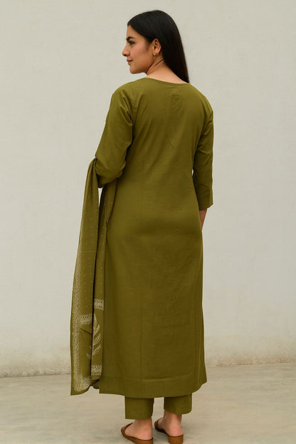 Olive Green Cotton Kurti Set with Botanical Print & Matching Dupatta – Natural Fab
