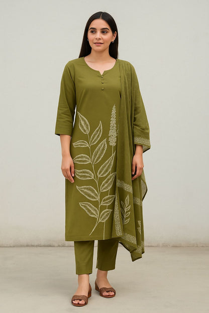 Olive Green Cotton Kurti Set with Botanical Print & Matching Dupatta – Natural Fab