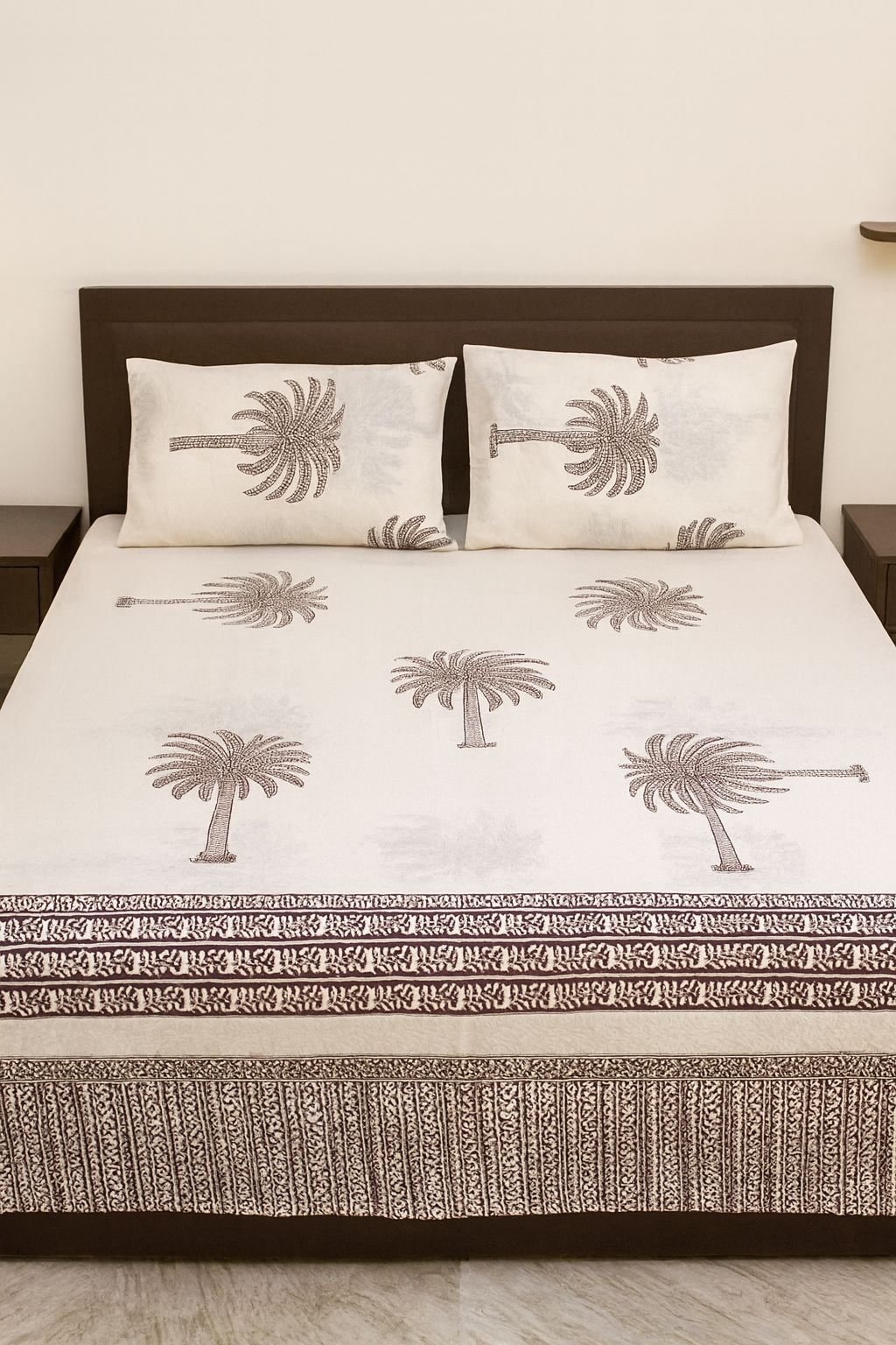 Cotton Double Bedsheet with 2 Pillow Covers – Hand Block Print Palm Tree Design | King Size