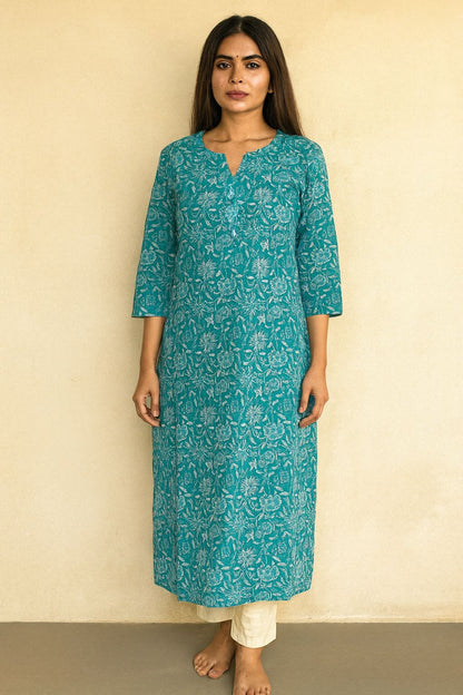 Teal Blue Cotton Printed Kurti for Women – Elegant Floral Ethnic Daily Wear