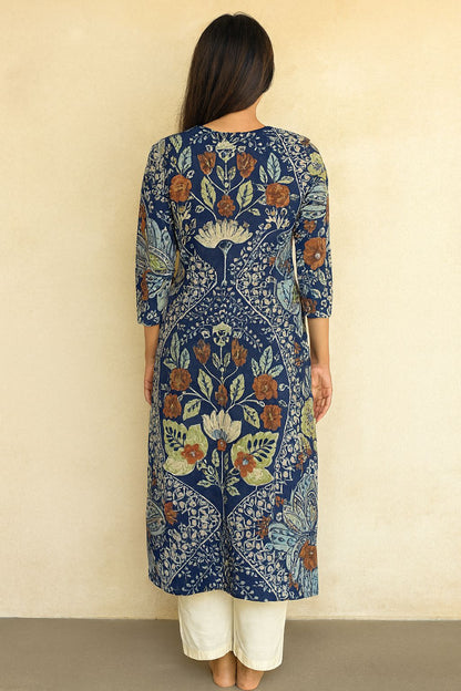 Navy Blue Cotton Floral Printed Kurti for Women – Elegant Ethnic Daily & Office Wear