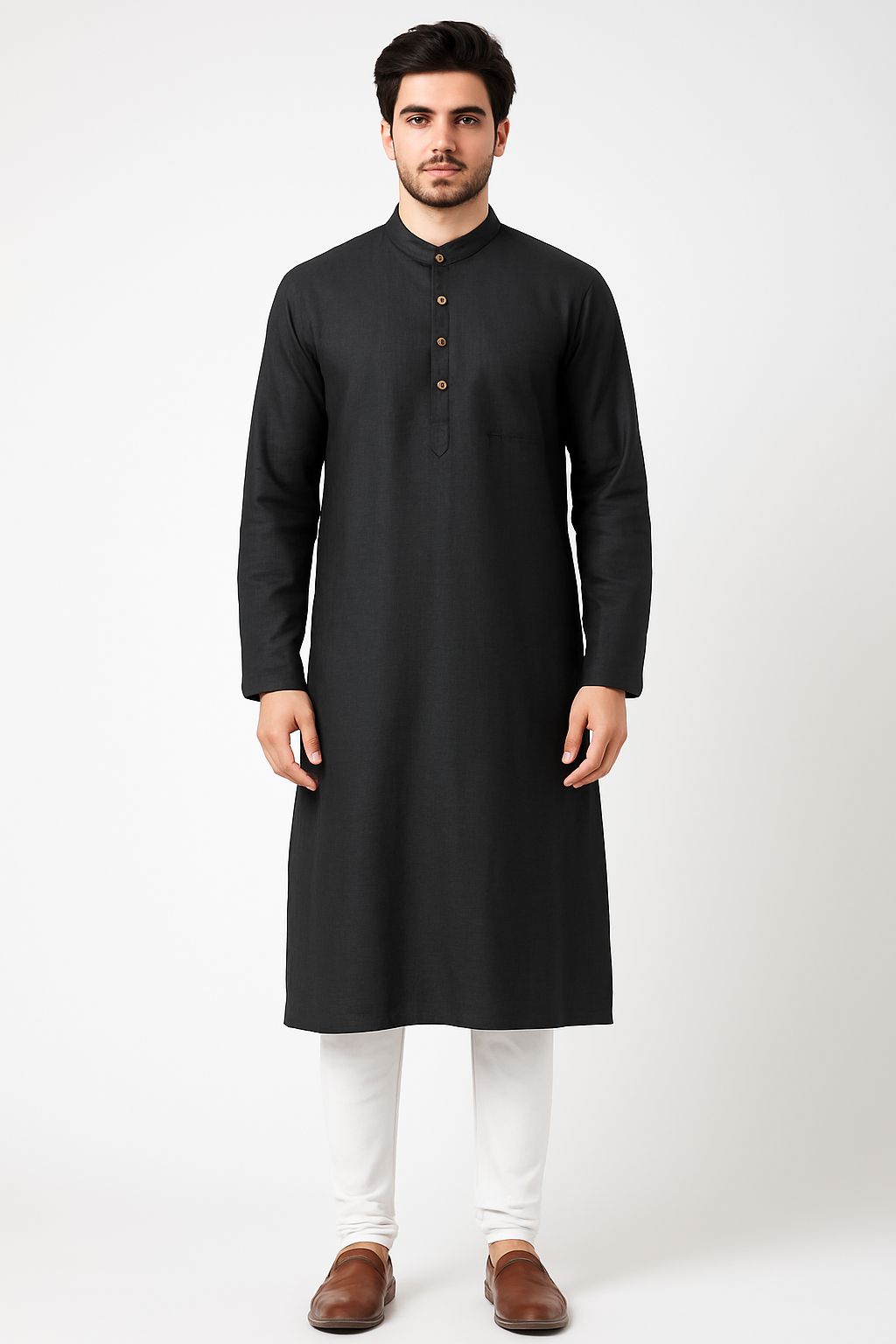 Black Khadi Cotton Kurta for Men | Traditional Long Kurta with Wooden Buttons