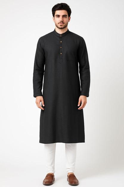 Black Khadi Cotton Kurta for Men | Traditional Long Kurta with Wooden Buttons