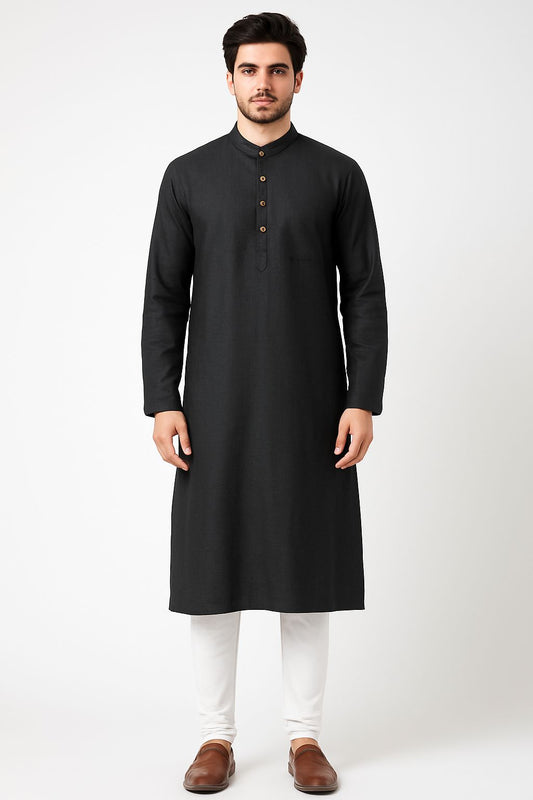 Black Khadi Cotton Kurta for Men | Traditional Long Kurta with Wooden Buttons