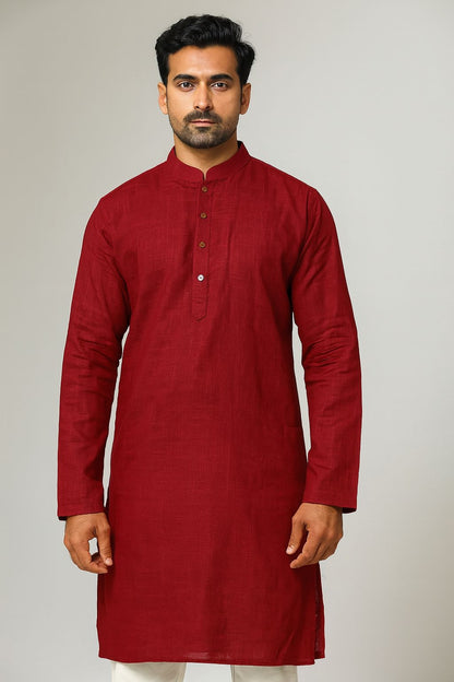 Men’s Long Cotton Kurta in Solid Maroon – Traditional Ethnic Wear for Festive & Casual Occasions