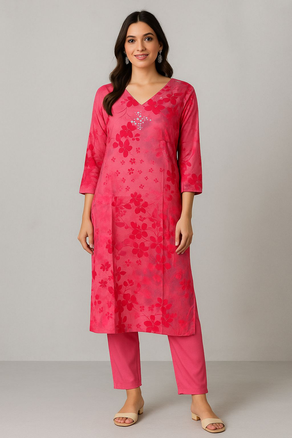 Women’s Pink Muslin Kurti Set with Floral Print – Elegant Ethnic Wear for Festive & Casual Look