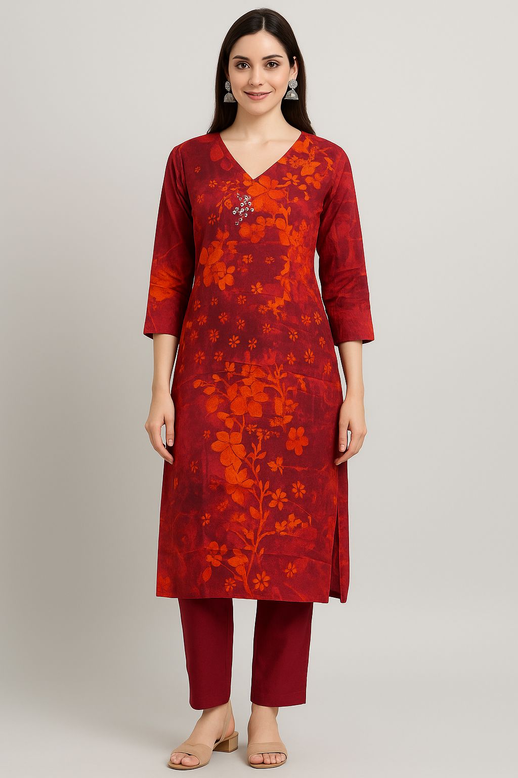 Women’s Red Maslin Kurti Set with Floral Print – Stylish Ethnic Wear for Festive & Office Look