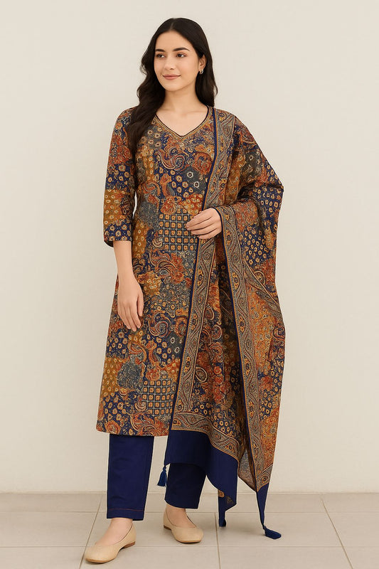 Elegant Ajrakh Print Cotton Kurti Set for Women with Dupatta | Ethnic Wear by Natural Fab