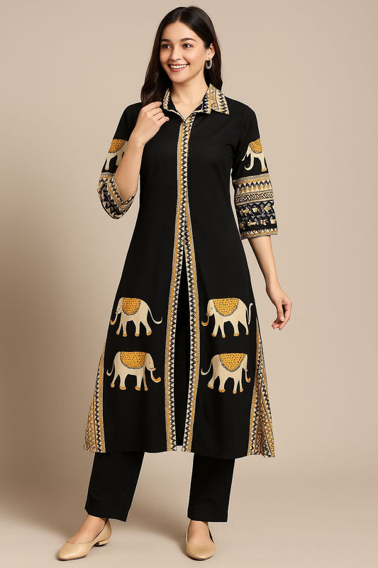 Black Cotton Long Kurti Set with Elephant Print | Designer Ethnic Wear for Women by Natural Fab