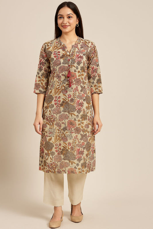 Elegant Floral Print Linen Kurti Set for Women | Comfortable Daily & Office Wear by Natural Fab