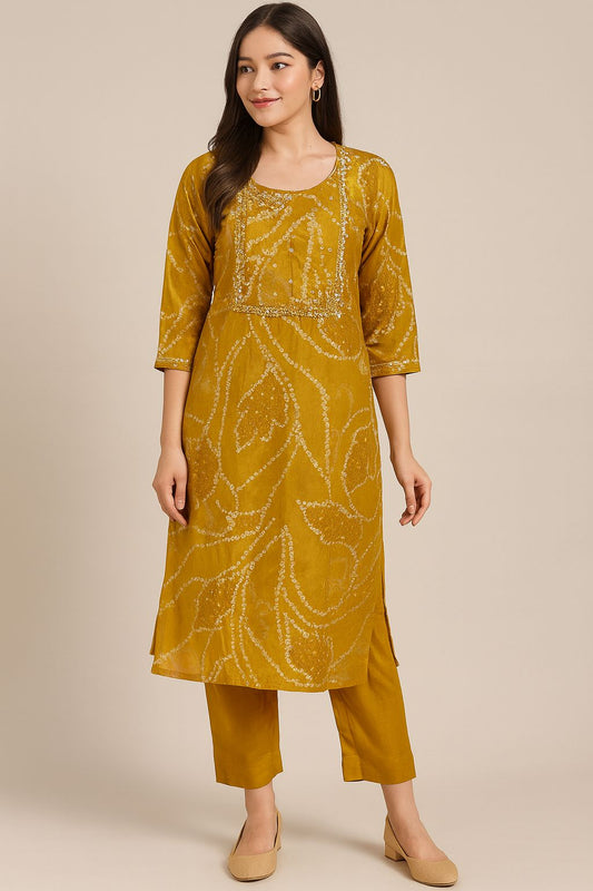 Mustard Yellow Maslin Kurti Set for Women | Elegant Bandhani Print Ethnic Wear by Natural Fab