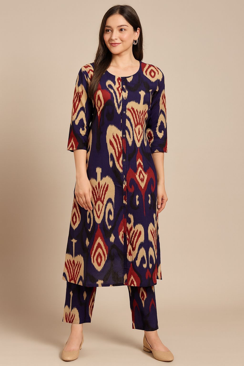 Navy Blue Ikat Print Cotton Kurti Set for Women | Stylish Ethnic Wear by Natural Fab