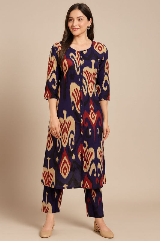 Navy Blue Ikat Print Cotton Kurti Set for Women | Stylish Ethnic Wear by Natural Fab