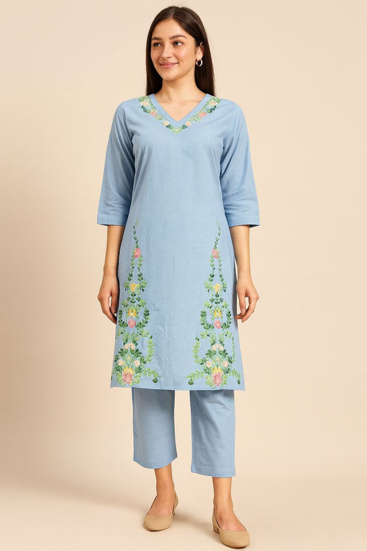 Sky Blue Embroidered Cotton Kurti Set for Women | Elegant Floral Ethnic Wear by Natural Fab
