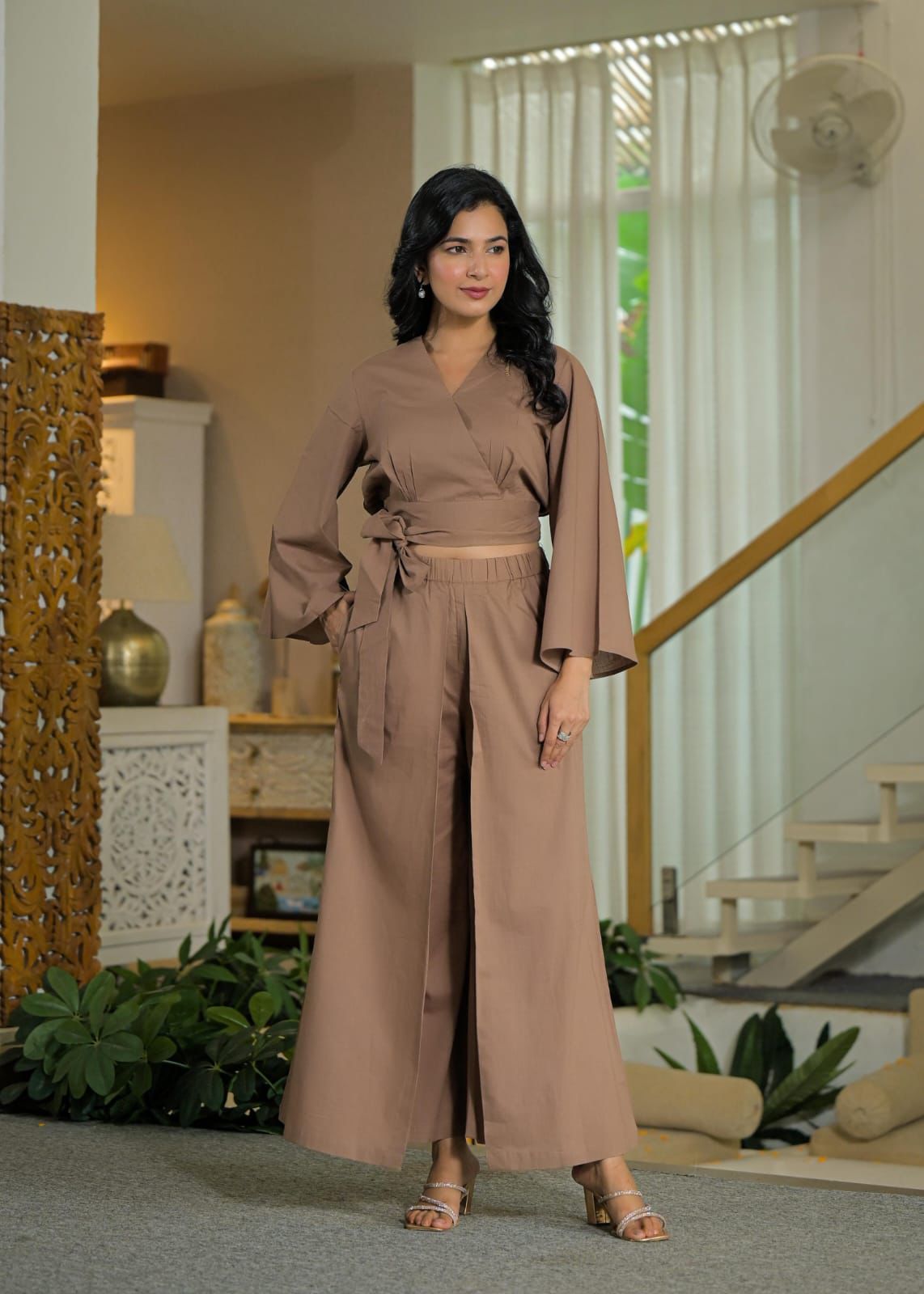 Natural Fab Women’s Brown Solid Co-ord Set – Stylish Crop Top & Wide-Leg Pant Set | Elegant Casual & Party Wear Outfit