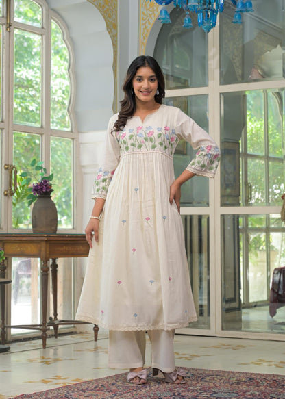 Natural Fab Women’s Off-White Cotton Kurti Set – Hand Embroidered Floral Design with Palazzo | Elegant Festive & Casual Wear