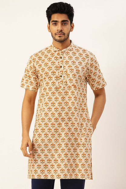 Natural Fab Men’s Cotton Handblock Printed Knee-Length Kurta – Beige & Rust Floral Print, Short Sleeve Casual Ethnic Wear