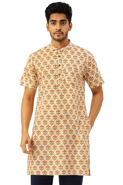 Natural Fab Men’s Cotton Handblock Printed Knee-Length Kurta – Beige & Rust Floral Print, Short Sleeve Casual Ethnic Wear