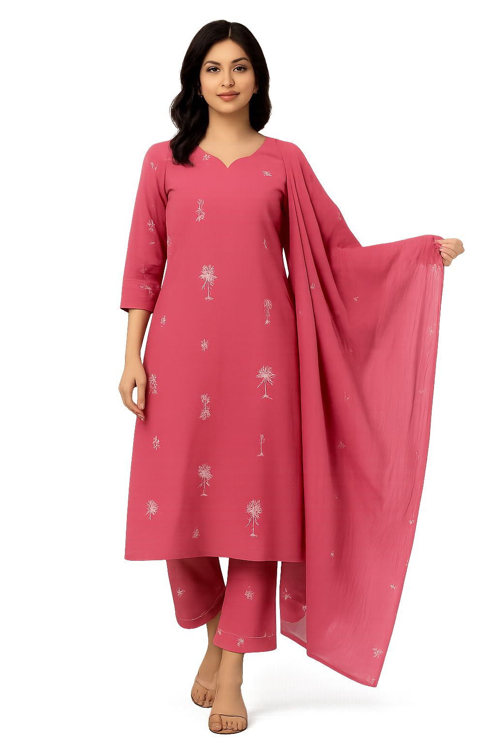 Natural Fab Women’s Pink Cotton Kurti Set with Dupatta – Elegant Embroidered 3-Piece Ethnic Wear for Festive & Office Look