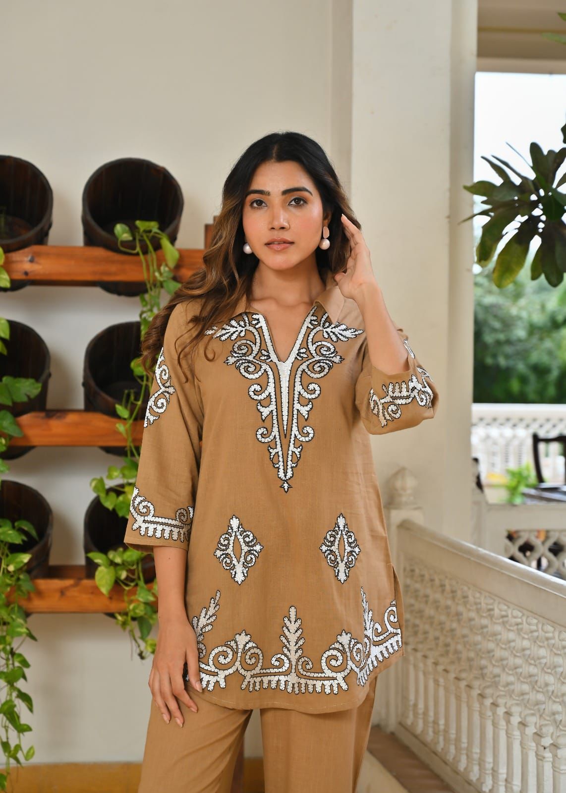 Natural Fab Women’s Brown Cotton Co-ord Set – Elegant Embroidered Top & Pant Set | Stylish Festive & Casual Wear Outfit