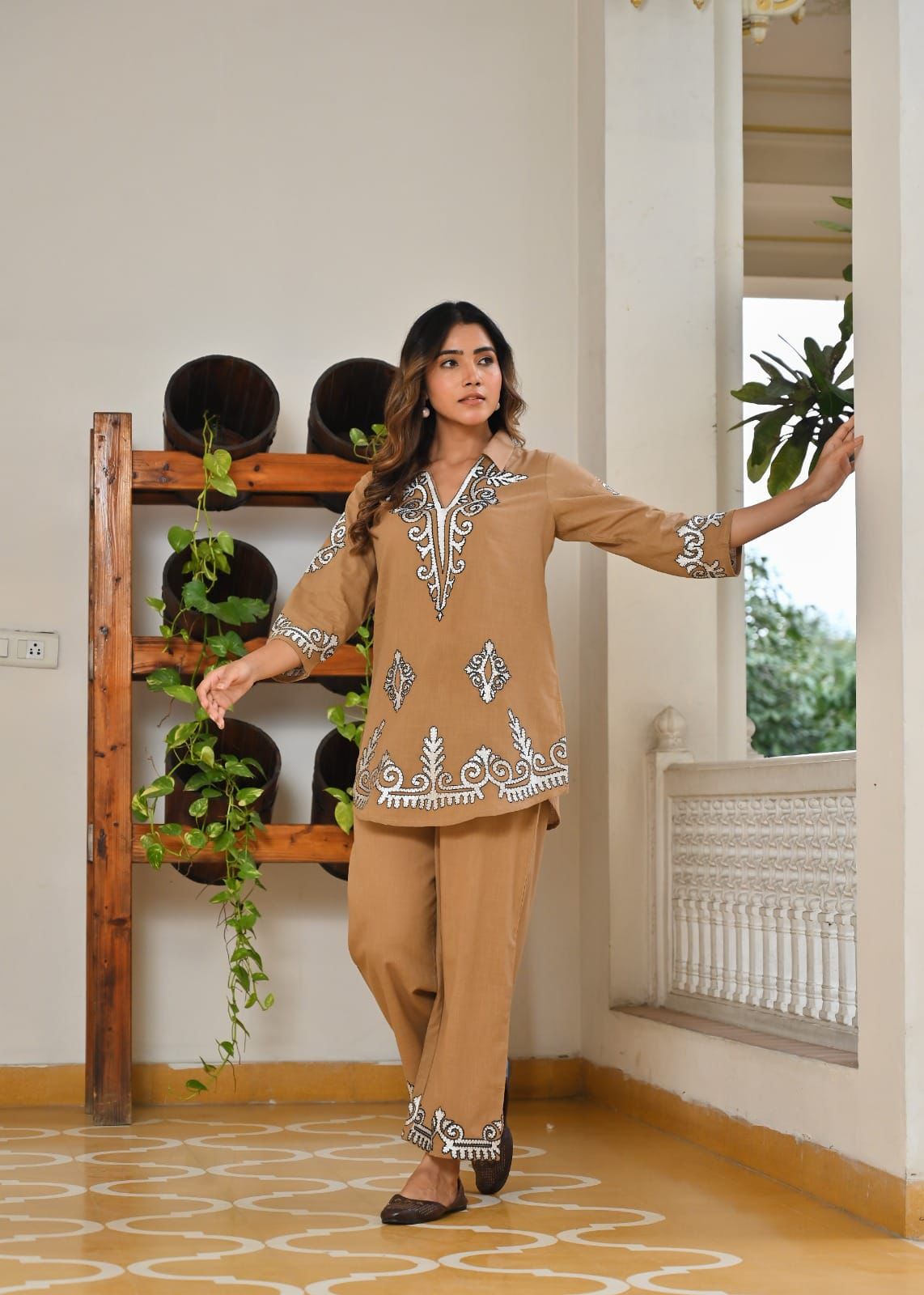 Natural Fab Women’s Brown Cotton Co-ord Set – Elegant Embroidered Top & Pant Set | Stylish Festive & Casual Wear Outfit