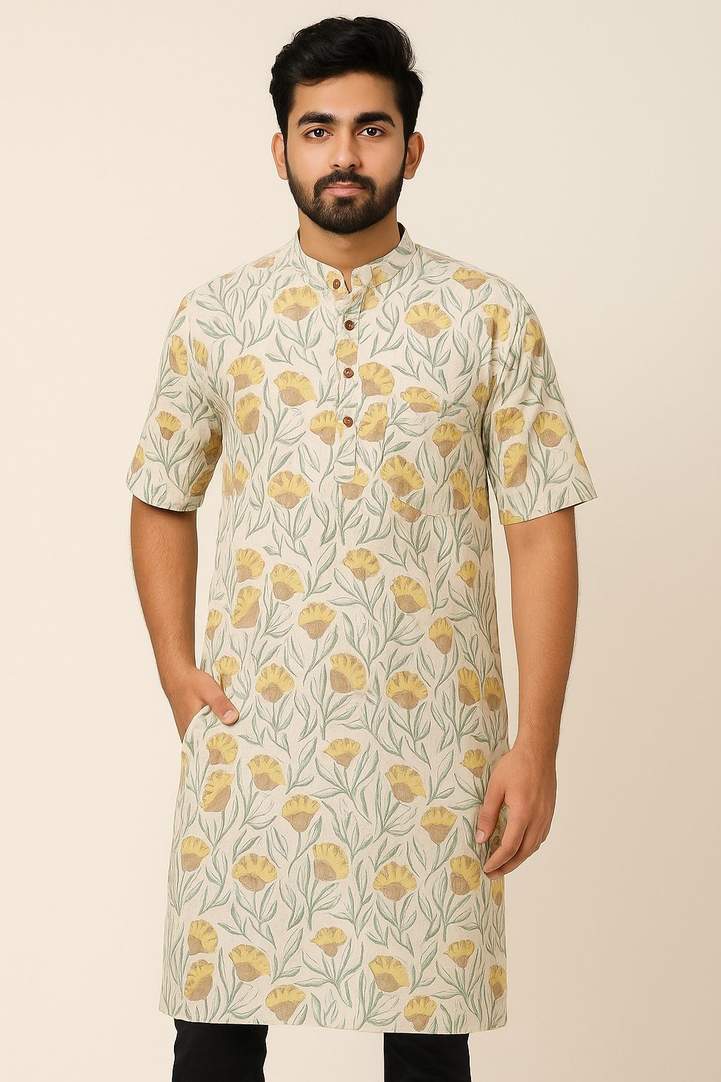 Men’s Cotton Knee-Length Kurta with Pockets – Hand Block Printed Floral Design | Natural Fab