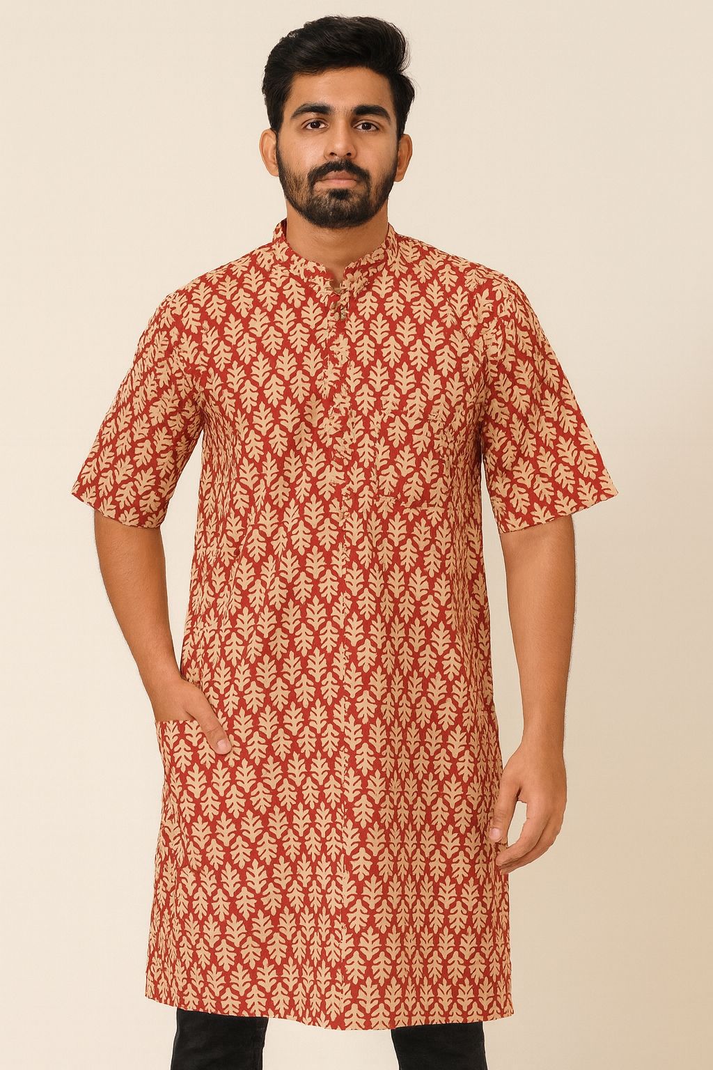 Men’s Cotton Knee-Length Kurta with Pockets – Hand Block Printed Rust Red Leaf Pattern | Natural Fab