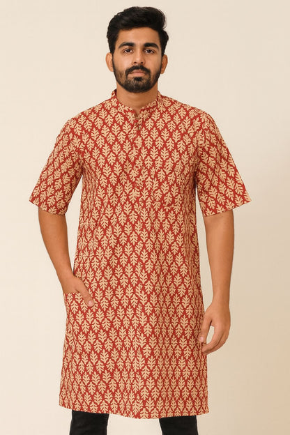 Men’s Cotton Knee-Length Kurta with Pockets – Hand Block Printed Rust Red Leaf Pattern | Natural Fab
