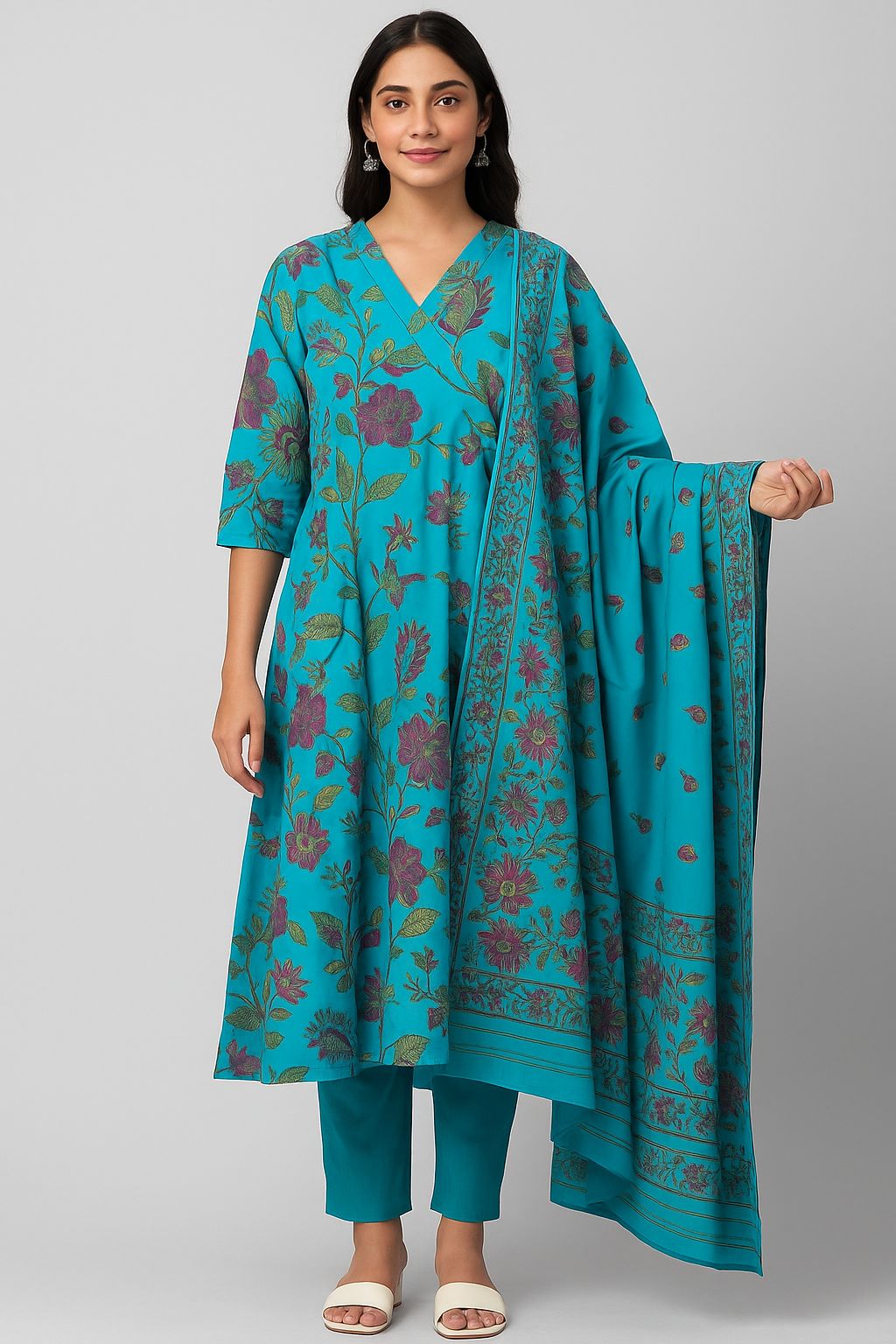 Turquoise Floral Printed Cotton Kurti Set with Dupatta – Elegant Ethnic Wear for Women | Natural Fab