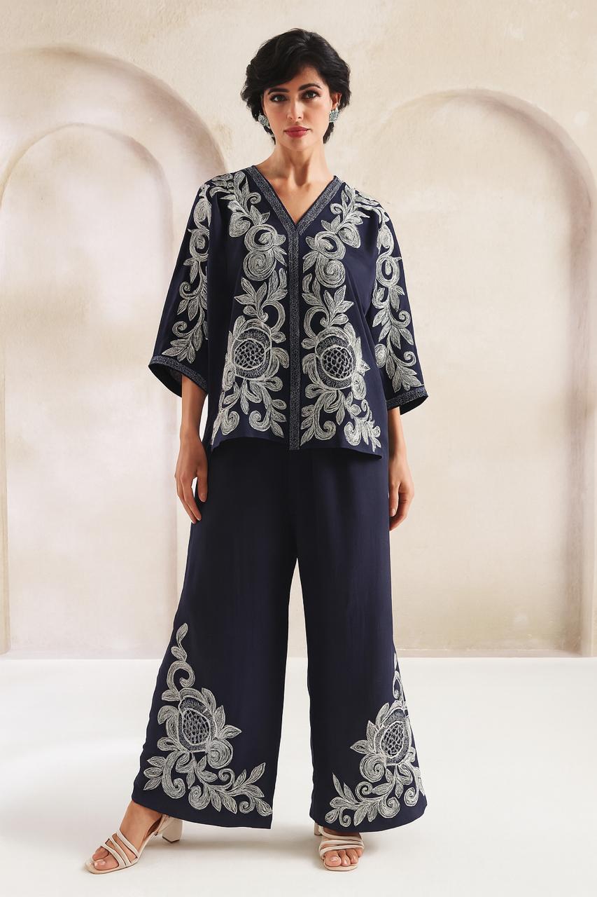 Navy Blue Embroidered Co-Ord Set for Women – Elegant Designer Two Piece Set | Natural Fab