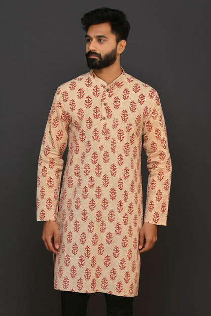 Beige Hand Block Printed Cotton Knee Length Men’s Kurta | Traditional Ethnic Wear by Natural Fab