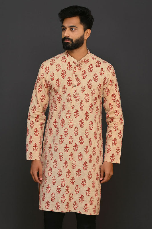 Beige Hand Block Printed Cotton Knee Length Men’s Kurta | Traditional Ethnic Wear by Natural Fab