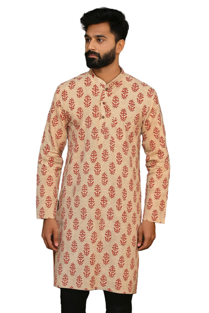 Beige Hand Block Printed Cotton Knee Length Men’s Kurta | Traditional Ethnic Wear by Natural Fab