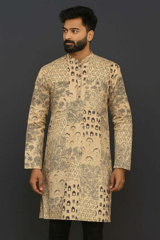 Beige Hand Block Printed Cotton Men’s Knee Length Kurta | Elegant Ethnic Wear by Natural Fab